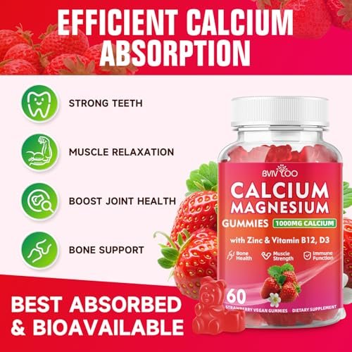 BVIVLOO Calcium Gummies 1000mg mit Vitamin D3 K2 & B-Komplex, Kalium, Calcium Magnesium Zink Gummies für Knochen, Muskeln, Stimmung und Immunsystem - Vegan, Nicht-GVO, Erdbeergeschmack 60 Stück