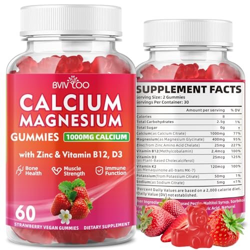 BVIVLOO Calcium Gummies 1000mg mit Vitamin D3 K2 & B-Komplex, Kalium, Calcium Magnesium Zink Gummies für Knochen, Muskeln, Stimmung und Immunsystem - Vegan, Nicht-GVO, Erdbeergeschmack 60 Stück