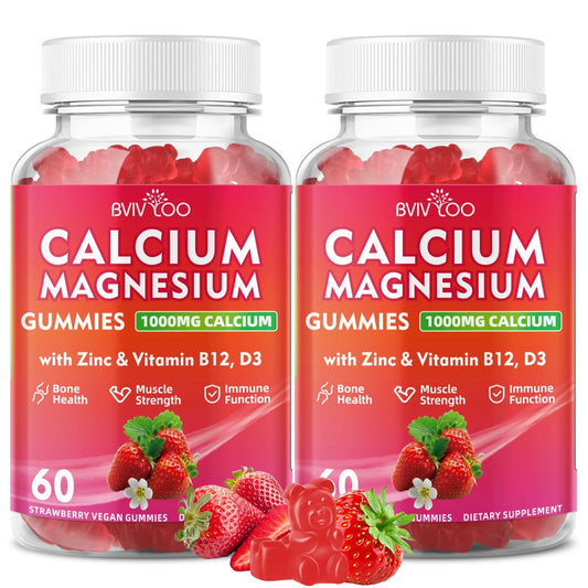 Calcium Gummies 1000mg mit Vitamin D3, K2 & B-Komplex, Kalium, Calcium Magnesium Zink Gummis für Knochen, Muskeln, Stimmung und Immunsystem - Vegan, Nicht-GVO, Erdbeergeschmack 120 Stück