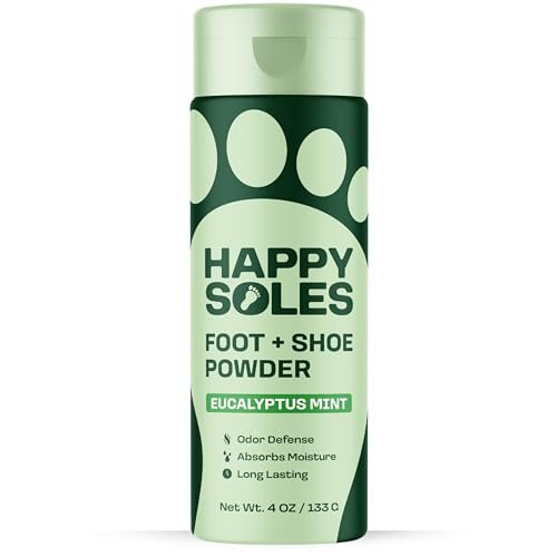 HAPPY SOLES Schuhdeo & Fußpuder – Fußpuder gegen Schweißfüße & Geruch – Schweißabsorbierend & langanhaltende Frische – Für verschwitzte Füße & unangenehmen Schuhgeruch (Eukalyptus Minze)