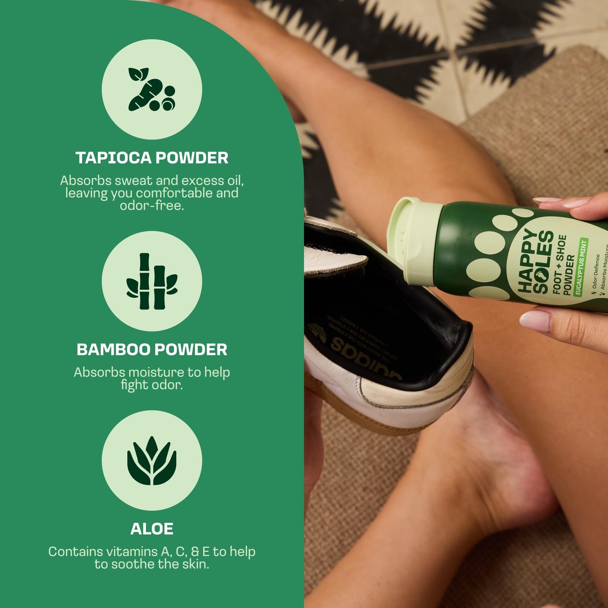 HAPPY SOLES Schuhdeo & Fußpuder – Fußpuder gegen Schweißfüße & Geruch – Schweißabsorbierend & langanhaltende Frische – Für verschwitzte Füße & unangenehmen Schuhgeruch (Eukalyptus Minze)