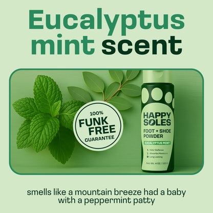 HAPPY SOLES Schuhdeo & Fußpuder – Fußpuder gegen Schweißfüße & Geruch – Schweißabsorbierend & langanhaltende Frische – Für verschwitzte Füße & unangenehmen Schuhgeruch (Eukalyptus Minze)