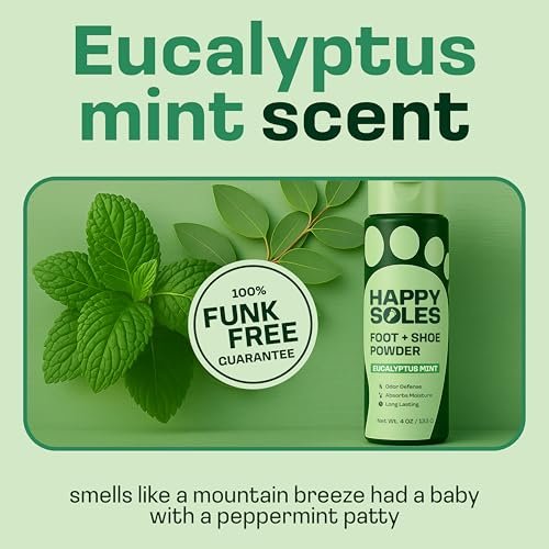 HAPPY SOLES Schuhdeo & Fußpuder – Fußpuder gegen Schweißfüße & Geruch – Schweißabsorbierend & langanhaltende Frische – Für verschwitzte Füße & unangenehmen Schuhgeruch (Eukalyptus Minze)