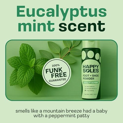 HAPPY SOLES Schuhdeo & Fußpuder – Fußpuder gegen Schweißfüße & Geruch – Schweißabsorbierend & langanhaltende Frische – Für verschwitzte Füße & unangenehmen Schuhgeruch (Eukalyptus Minze)