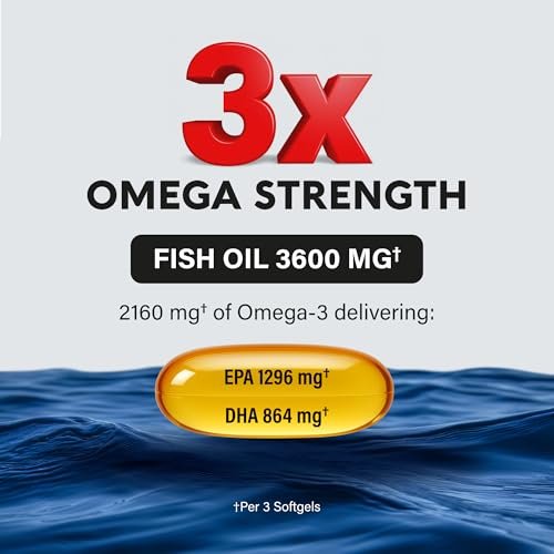 Omega 3 Fischöl 3600 mg - Omega 3 Nahrungsergänzung | EPA & DHA - Schwer metallfrei - Unterstützung für Herz, Gehirn & Gelenke - Gereinigtes Fischöl für Männer & Frauen - Labor getestet - Zitronengeschmack - 90 Weichkapseln