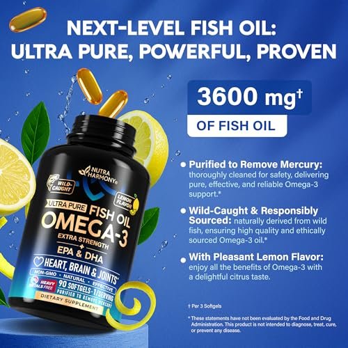 Omega 3 Fischöl 3600 mg - Omega 3 Nahrungsergänzung | EPA & DHA - Schwer metallfrei - Unterstützung für Herz, Gehirn & Gelenke - Gereinigtes Fischöl für Männer & Frauen - Labor getestet - Zitronengeschmack - 90 Weichkapseln