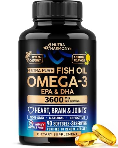 Omega 3 Fischöl 3600 mg - Omega 3 Nahrungsergänzung | EPA & DHA - Schwer metallfrei - Unterstützung für Herz, Gehirn & Gelenke - Gereinigtes Fischöl für Männer & Frauen - Labor getestet - Zitronengeschmack - 90 Weichkapseln