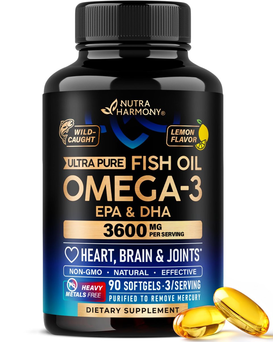 Omega 3 Fischöl 3600 mg - Omega 3 Nahrungsergänzung | EPA & DHA - Schwer metallfrei - Unterstützung für Herz, Gehirn & Gelenke - Gereinigtes Fischöl für Männer & Frauen - Labor getestet - Zitronengeschmack - 90 Weichkapseln
