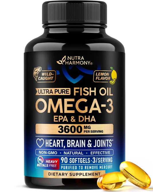 Omega 3 Fischöl 3600 mg - Omega 3 Nahrungsergänzung | EPA & DHA - Schwer metallfrei - Unterstützung für Herz, Gehirn & Gelenke - Gereinigtes Fischöl für Männer & Frauen - Labor getestet - Zitronengeschmack - 90 Weichkapseln