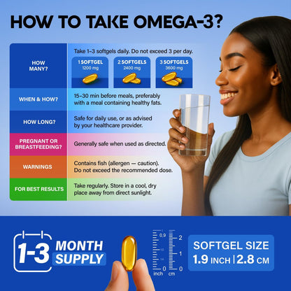 Omega 3 Fischöl 3600 mg - Omega 3 Nahrungsergänzung | EPA & DHA - Schwer metallfrei - Unterstützung für Herz, Gehirn & Gelenke - Gereinigtes Fischöl für Männer & Frauen - Labor getestet - Zitronengeschmack - 90 Weichkapseln