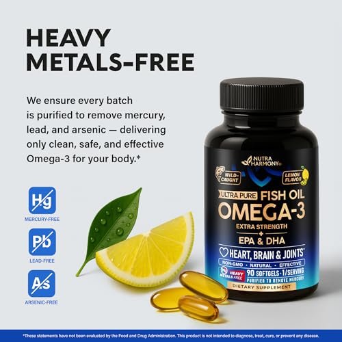 Omega 3 Fischöl 3600 mg - Omega 3 Nahrungsergänzung | EPA & DHA - Schwer metallfrei - Unterstützung für Herz, Gehirn & Gelenke - Gereinigtes Fischöl für Männer & Frauen - Labor getestet - Zitronengeschmack - 90 Weichkapseln