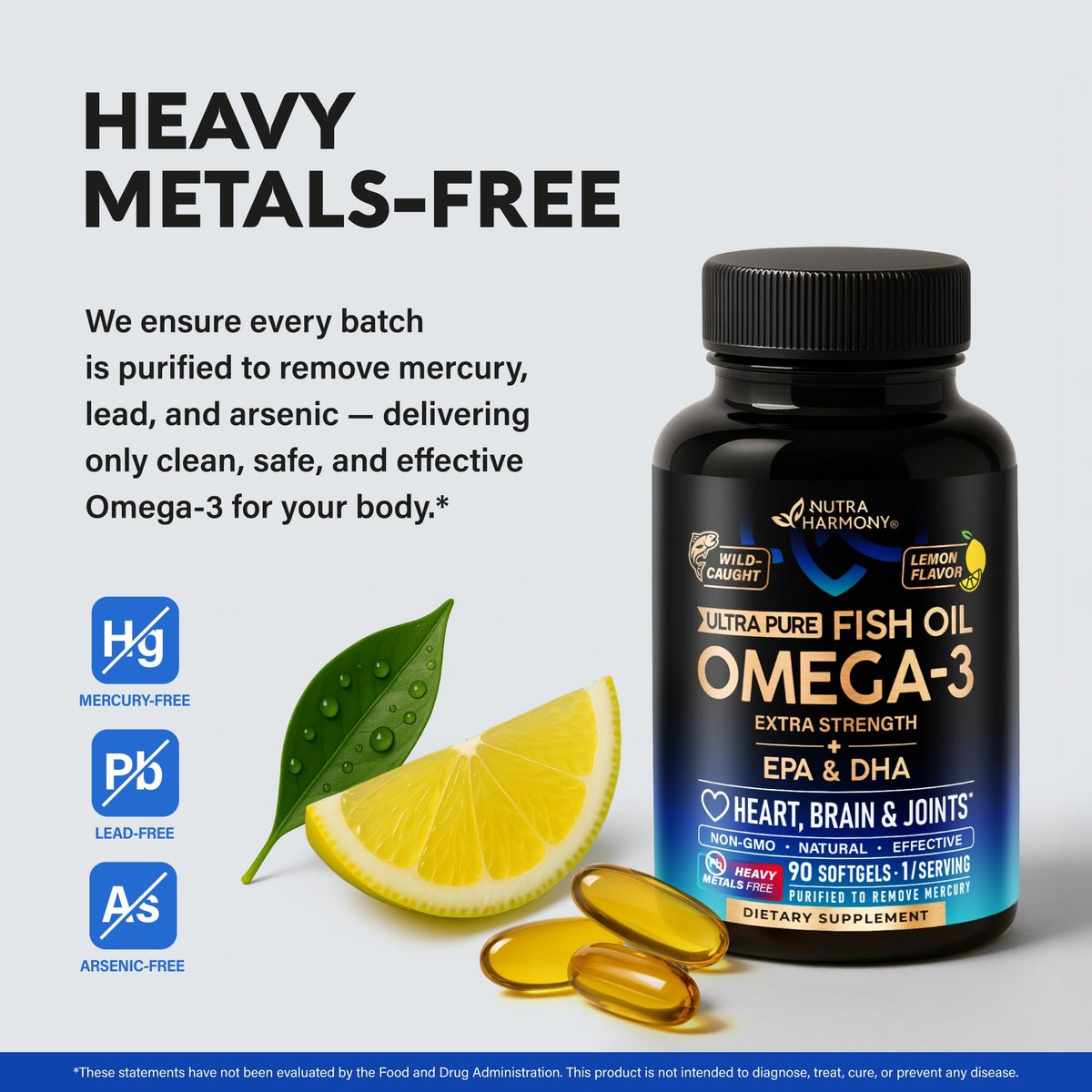Omega 3 Fischöl 3600 mg - Omega 3 Nahrungsergänzung | EPA & DHA - Schwer metallfrei - Unterstützung für Herz, Gehirn & Gelenke - Gereinigtes Fischöl für Männer & Frauen - Labor getestet - Zitronengeschmack - 90 Weichkapseln
