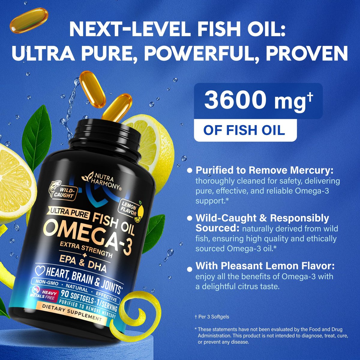 Omega 3 Fischöl 3600 mg - Omega 3 Nahrungsergänzung | EPA & DHA - Schwer metallfrei - Unterstützung für Herz, Gehirn & Gelenke - Gereinigtes Fischöl für Männer & Frauen - Labor getestet - Zitronengeschmack - 90 Weichkapseln