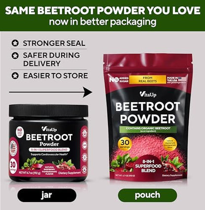 VitaUp Rote-Bete-Pulver 8-in-1 – Hergestellt in den USA, mit Traubenkern, Weißdorn, CoQ10 – Bio-Rote-Bete für normale Durchblutung & Energie – 30 Portionen