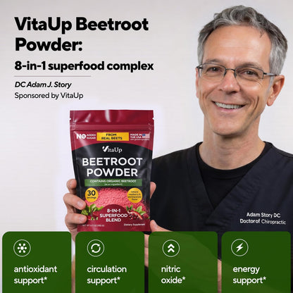 VitaUp Rote-Bete-Pulver 8-in-1 – Hergestellt in den USA, mit Traubenkern, Weißdorn, CoQ10 – Bio-Rote-Bete für normale Durchblutung & Energie – 30 Portionen