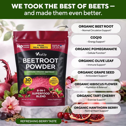 VitaUp Rote-Bete-Pulver 8-in-1 – Hergestellt in den USA, mit Traubenkern, Weißdorn, CoQ10 – Bio-Rote-Bete für normale Durchblutung & Energie – 30 Portionen