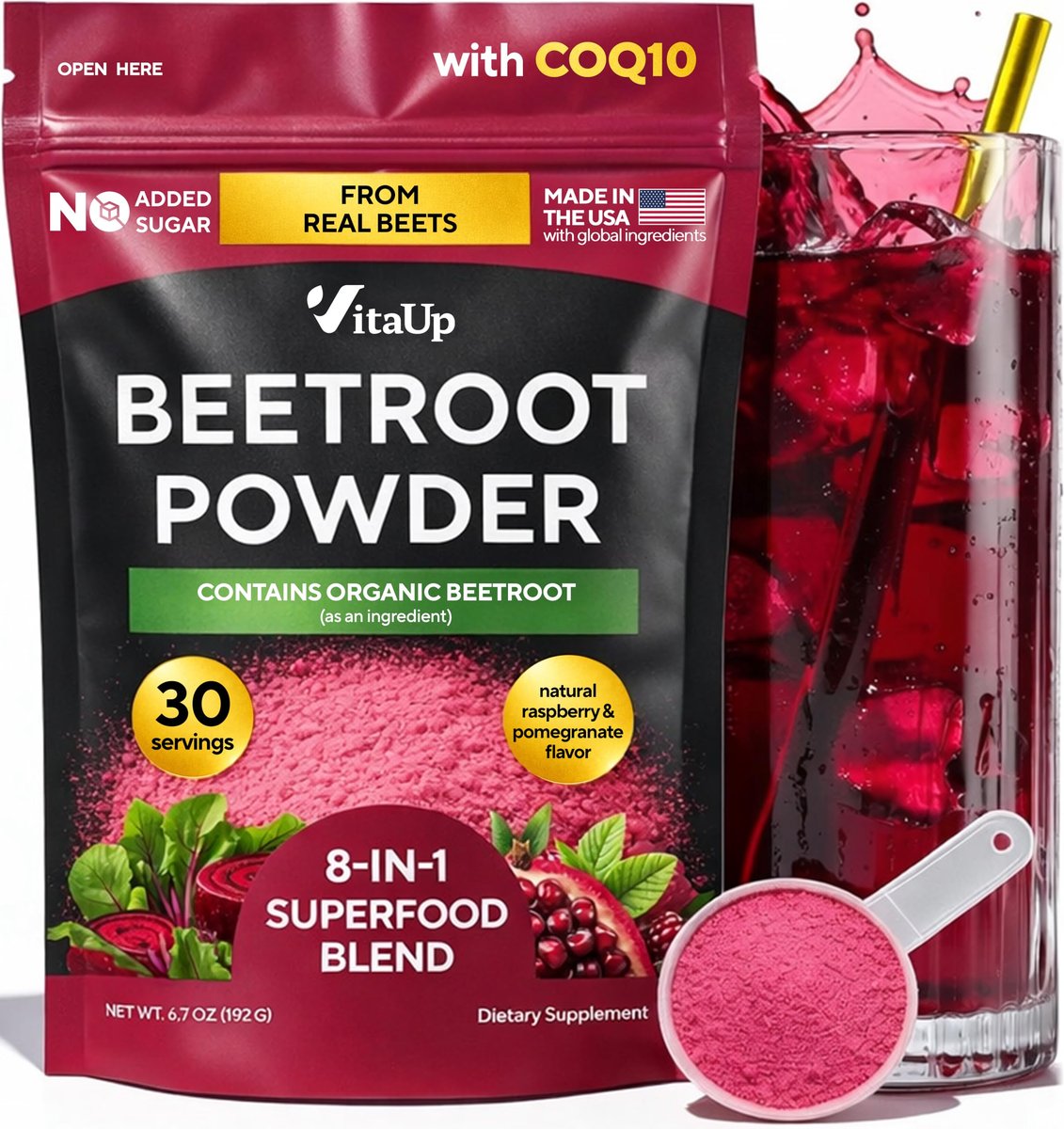 VitaUp Rote-Bete-Pulver 8-in-1 – Hergestellt in den USA, mit Traubenkern, Weißdorn, CoQ10 – Bio-Rote-Bete für normale Durchblutung & Energie – 30 Portionen