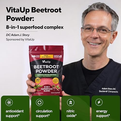VitaUp Rote-Bete-Pulver 8-in-1 – Hergestellt in den USA, mit Traubenkern, Weißdorn, CoQ10 – Bio-Rote-Bete für normale Durchblutung & Energie – 30 Portionen