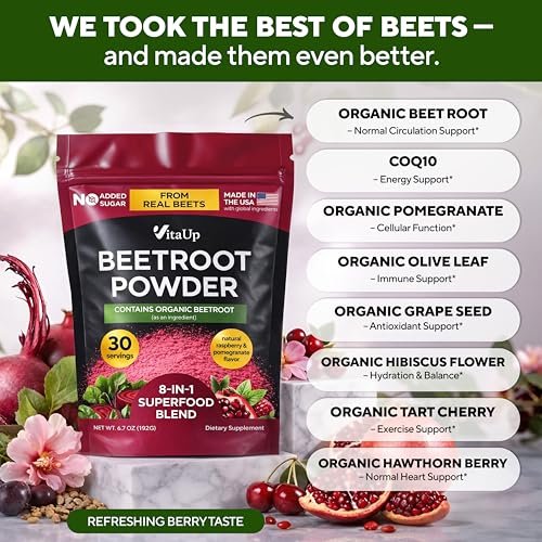 VitaUp Rote-Bete-Pulver 8-in-1 – Hergestellt in den USA, mit Traubenkern, Weißdorn, CoQ10 – Bio-Rote-Bete für normale Durchblutung & Energie – 30 Portionen
