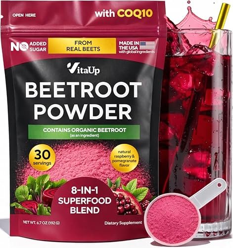 VitaUp Rote-Bete-Pulver 8-in-1 – Hergestellt in den USA, mit Traubenkern, Weißdorn, CoQ10 – Bio-Rote-Bete für normale Durchblutung & Energie – 30 Portionen