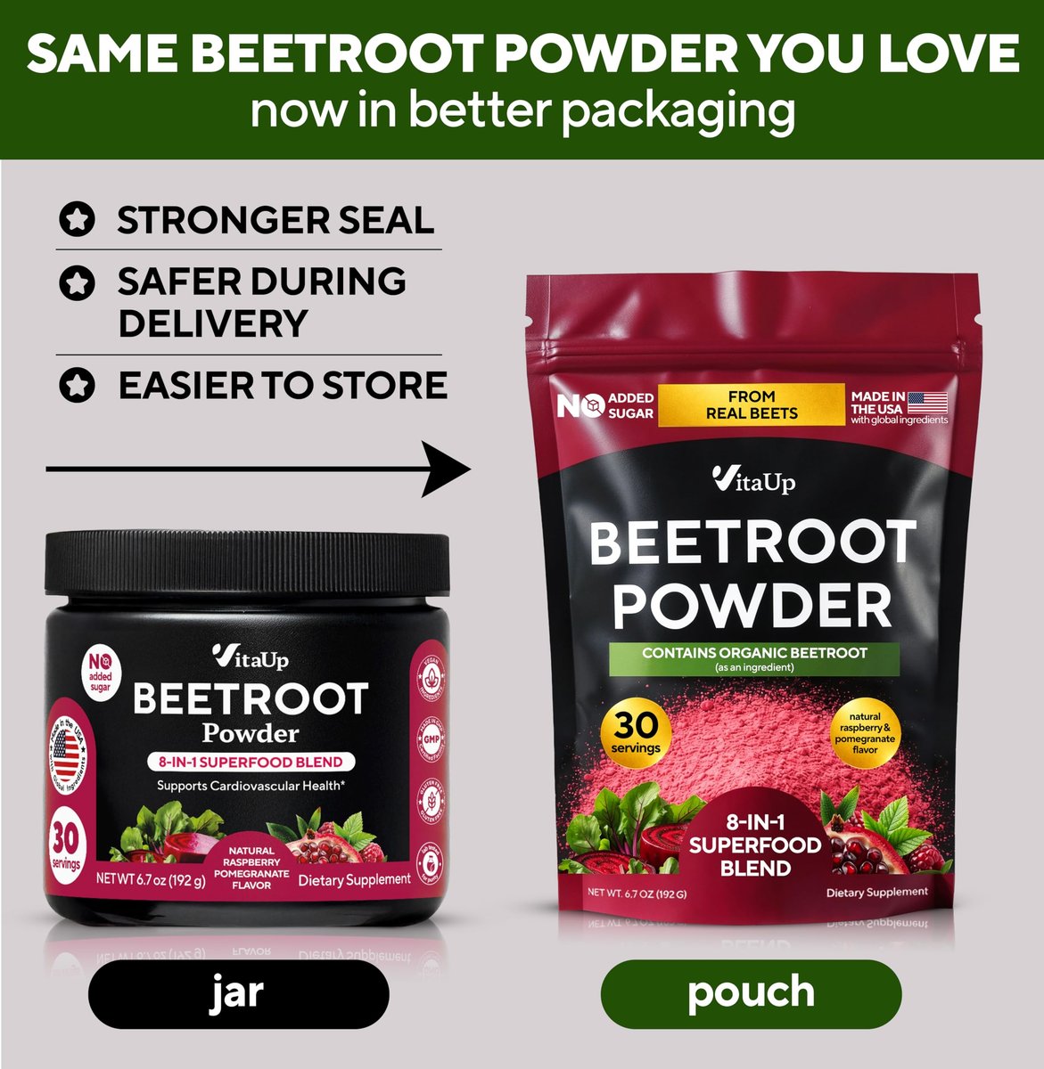 VitaUp Rote-Bete-Pulver 8-in-1 – Hergestellt in den USA, mit Traubenkern, Weißdorn, CoQ10 – Bio-Rote-Bete für normale Durchblutung & Energie – 30 Portionen