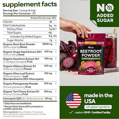 VitaUp Rote-Bete-Pulver 8-in-1 – Hergestellt in den USA, mit Traubenkern, Weißdorn, CoQ10 – Bio-Rote-Bete für normale Durchblutung & Energie – 30 Portionen
