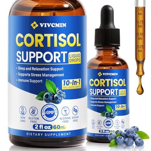 vivcmin 10-in-1 Cortisol-Supplement für Frauen & Männer – Stressabbau mit Ashwagandha, Magnesium, L-Theanin – Hormon-Balance-Tropfen für Schlaf & Stimmung (2 Fl Oz, Blaubeergeschmack)