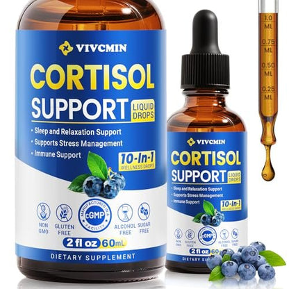 vivcmin 10-in-1 Cortisol-Supplement für Frauen & Männer – Stressabbau mit Ashwagandha, Magnesium, L-Theanin – Hormon-Balance-Tropfen für Schlaf & Stimmung (2 Fl Oz, Blaubeergeschmack)