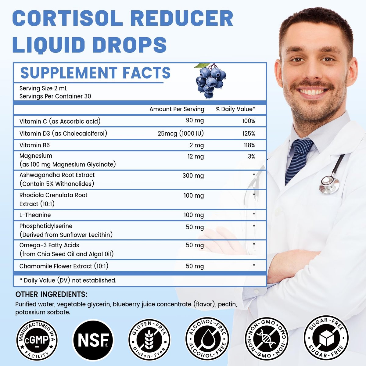 vivcmin 10-in-1 Cortisol-Supplement für Frauen & Männer – Stressabbau mit Ashwagandha, Magnesium, L-Theanin – Hormon-Balance-Tropfen für Schlaf & Stimmung (2 Fl Oz, Blaubeergeschmack)