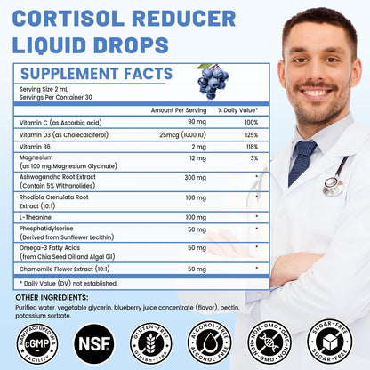 vivcmin 10-in-1 Cortisol-Supplement für Frauen & Männer – Stressabbau mit Ashwagandha, Magnesium, L-Theanin – Hormon-Balance-Tropfen für Schlaf & Stimmung (2 Fl Oz, Blaubeergeschmack)