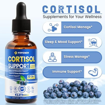 vivcmin 10-in-1 Cortisol-Supplement für Frauen & Männer – Stressabbau mit Ashwagandha, Magnesium, L-Theanin – Hormon-Balance-Tropfen für Schlaf & Stimmung (2 Fl Oz, Blaubeergeschmack)
