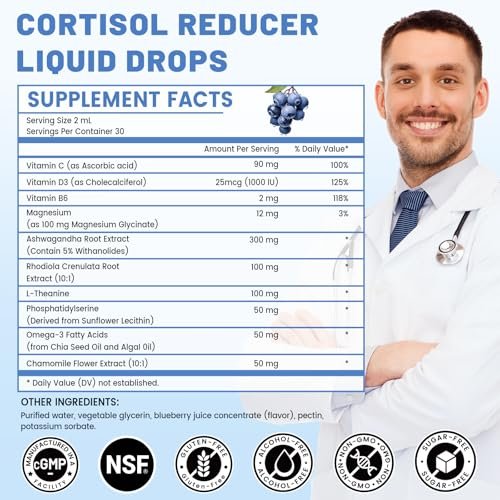 vivcmin 10-in-1 Cortisol-Supplement für Frauen & Männer – Stressabbau mit Ashwagandha, Magnesium, L-Theanin – Hormon-Balance-Tropfen für Schlaf & Stimmung (2 Fl Oz, Blaubeergeschmack)