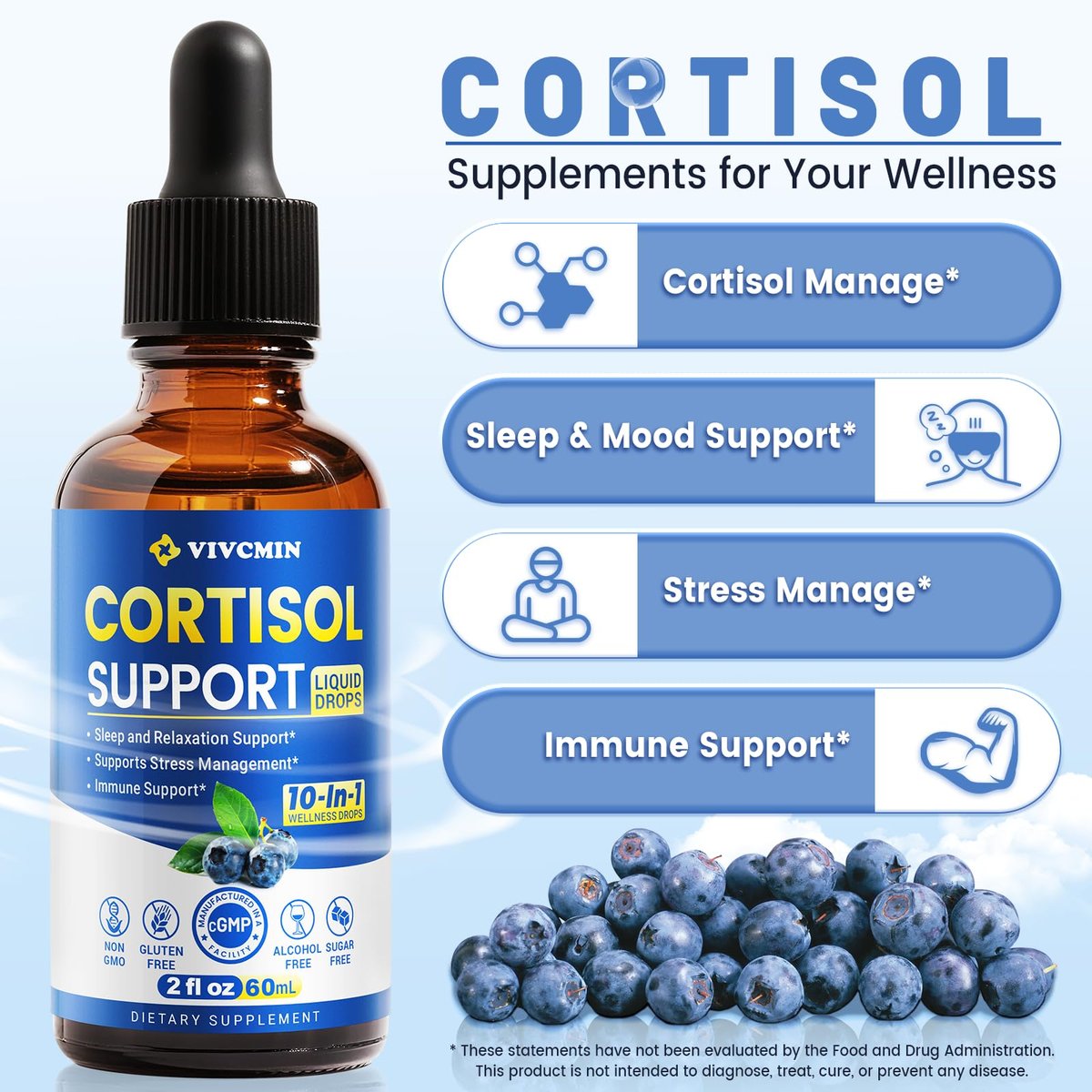 vivcmin 10-in-1 Cortisol-Supplement für Frauen & Männer – Stressabbau mit Ashwagandha, Magnesium, L-Theanin – Hormon-Balance-Tropfen für Schlaf & Stimmung (2 Fl Oz, Blaubeergeschmack)