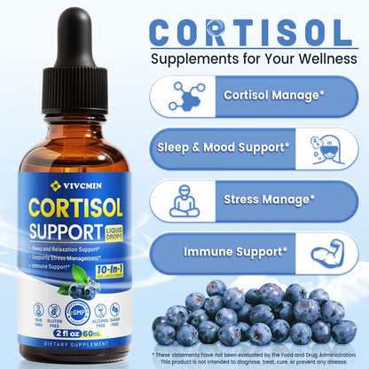 vivcmin 10-in-1 Cortisol-Supplement für Frauen & Männer – Stressabbau mit Ashwagandha, Magnesium, L-Theanin – Hormon-Balance-Tropfen für Schlaf & Stimmung (2 Fl Oz, Blaubeergeschmack)