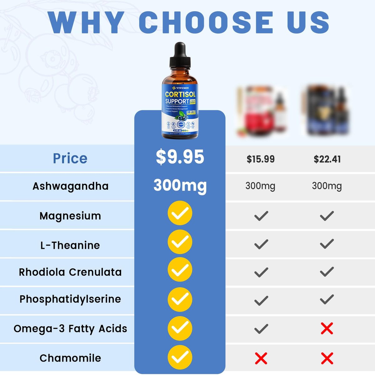 vivcmin 10-in-1 Cortisol-Supplement für Frauen & Männer – Stressabbau mit Ashwagandha, Magnesium, L-Theanin – Hormon-Balance-Tropfen für Schlaf & Stimmung (2 Fl Oz, Blaubeergeschmack)