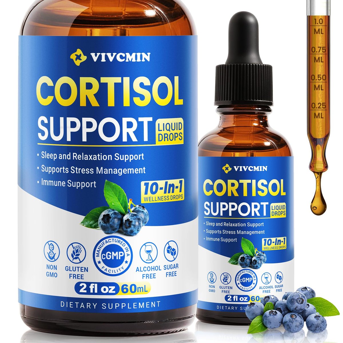 vivcmin 10-in-1 Cortisol-Supplement für Frauen & Männer – Stressabbau mit Ashwagandha, Magnesium, L-Theanin – Hormon-Balance-Tropfen für Schlaf & Stimmung (2 Fl Oz, Blaubeergeschmack)
