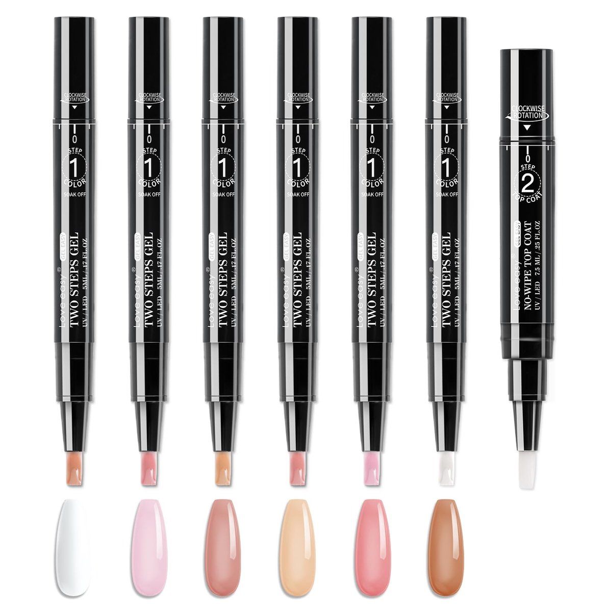 Love easy 2-Stufen Nagellackstifte Set, 6 Stücke Nude Natürliche Farben Aufbaubasis 1 Stück Top Coat Finger- und Zehennägel Gel-Serie für Frauen, Hema-frei, Hochglanz, Lang anhaltend, Tragbar, Ideales Geschenk (UV-Licht erforderlich)