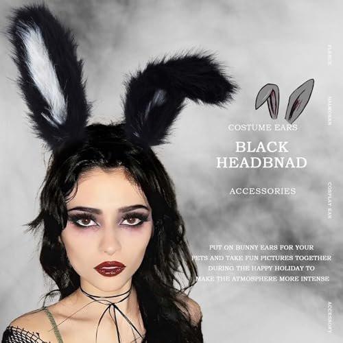 Acenail Schwarze Kaninchenohren Stirnband mit Fell – Sexy Hasenohren Haarklammer für Halloween und Kostümpartys für Frauen