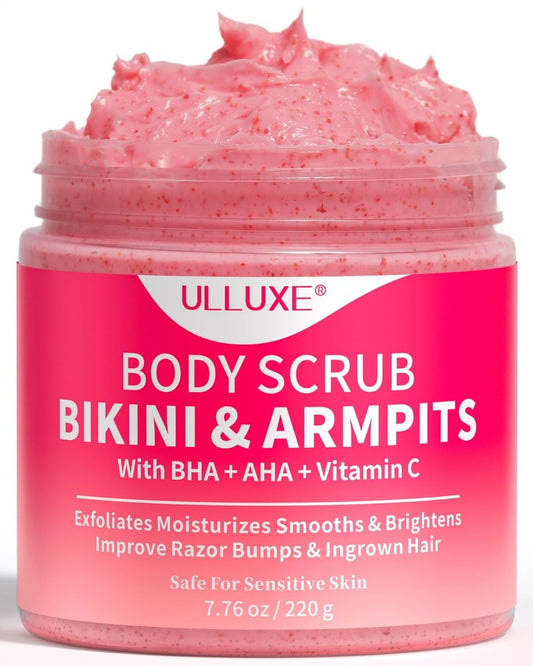 Bikini-Bereich Peeling mit 10% AHAs, BHA & Vitamin C – Körperpeeling gegen eingewachsene Haare, Achselhöhlen-Bumps, dunkle Flecken – Feuchtigkeitsspendend, aufhellend, beruhigend & für gleichmäßigen Hautton – Für empfindliche Haut geeignet – 7,76 oz