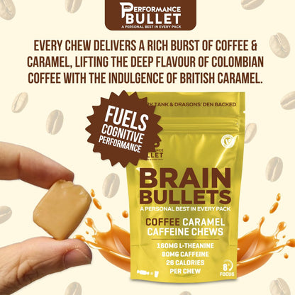 160 mg L-Theanin + 80 mg Koffein Kaugummi – Kaffee-Karamell-Geschmack – Steigert Produktivität, geistige Klarheit und Wachsamkeit – 2er-Pack (8 Portionen) – Brain Bullet – Energie-Gum & Fokus-Gummy Upgrade