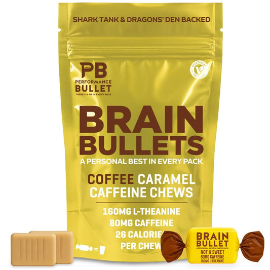160 mg L-Theanin + 80 mg Koffein Kaugummi – Kaffee-Karamell-Geschmack – Steigert Produktivität, geistige Klarheit und Wachsamkeit – 2er-Pack (8 Portionen) – Brain Bullet – Energie-Gum & Fokus-Gummy Upgrade