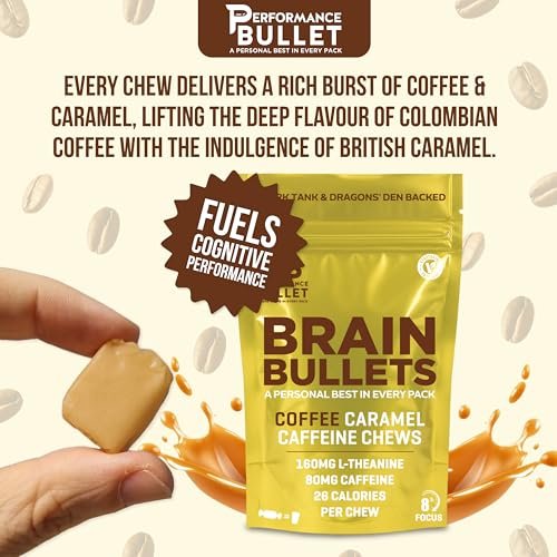 160 mg L-Theanin + 80 mg Koffein Kaugummi – Kaffee-Karamell-Geschmack – Steigert Produktivität, geistige Klarheit und Wachsamkeit – 2er-Pack (8 Portionen) – Brain Bullet – Energie-Gum & Fokus-Gummy Upgrade