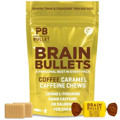 160 mg L-Theanin + 80 mg Koffein Kaugummi – Kaffee-Karamell-Geschmack – Steigert Produktivität, geistige Klarheit und Wachsamkeit – 2er-Pack (8 Portionen) – Brain Bullet – Energie-Gum & Fokus-Gummy Upgrade