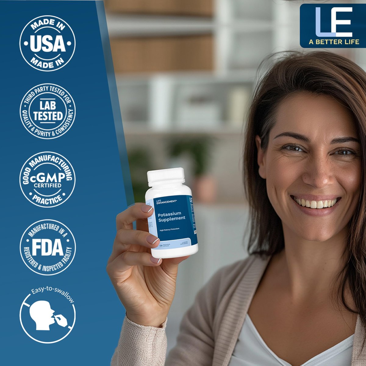 Life Enhancement Hochpotentes 1020 mg Kaliumpräparat für Muskel-, Gehirn- und Knochengesundheit – Keine Zusätze, hohe Absorption, elementares Kalium, hergestellt in den USA (120 Kapseln – 60 Portionen)