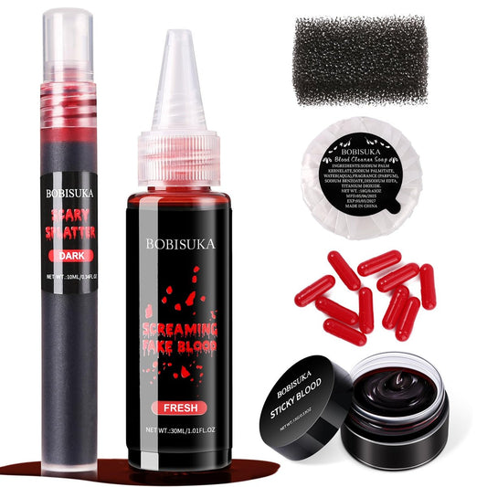 Halloween Fake Blood SFX Makeup Kit – Realistische Flüssigspray, Tropfblut, Gerinnungsgel, Kapseln, Schwamm & Seife – Waschbare Spezialeffekt-Körperschminke für Vampir- & Zombie-Kostüme