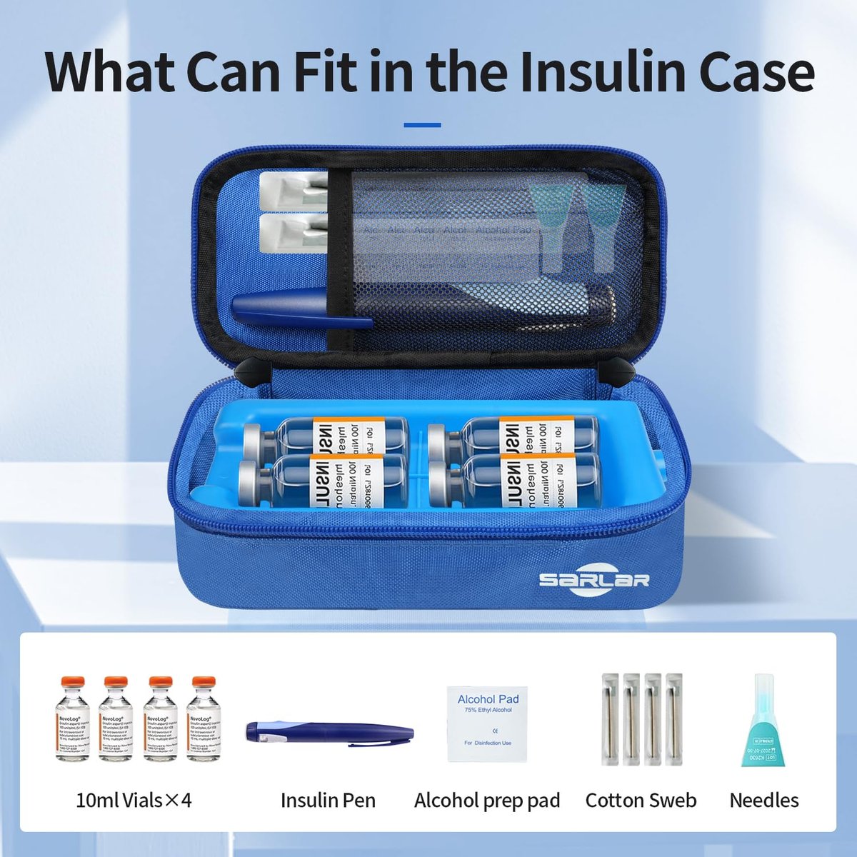 sarlar Insulin-Vial-Kühl-Reiseetui, TSA-zugelassene Aufbewahrungstasche für Diabetiker mit Kühlstein, Insulin-Pen- und Vial-Flaschen-Kühlschutz-Organizer, Tragetasche für den täglichen Gebrauch und Reisen, Blau