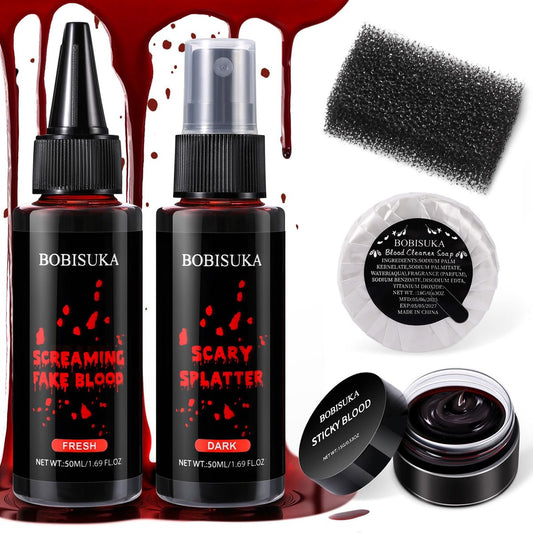BOBISUKA 5-teiliges Halloween-Kunstblut-Set – Tropfendes Frischblut, Dunkles Sprayblut, Koaguliertes Gel, Reinigungsseife, Stippling-Schwamm – Realistische, waschbare SFX-Schminke für Zombie, Vampir, Monster & Cosplay