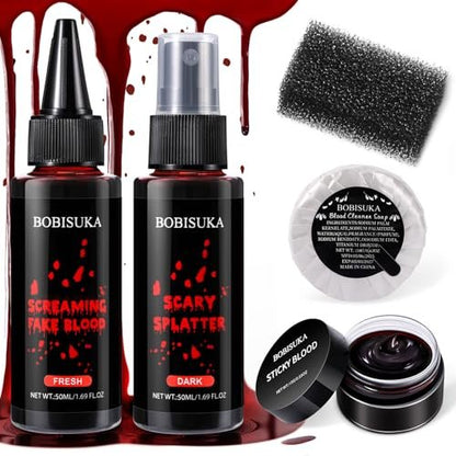 BOBISUKA 5-teiliges Halloween-Kunstblut-Set – Tropfendes Frischblut, Dunkles Sprayblut, Koaguliertes Gel, Reinigungsseife, Stippling-Schwamm – Realistische, waschbare SFX-Schminke für Zombie, Vampir, Monster & Cosplay