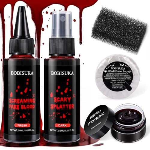 BOBISUKA 5-teiliges Halloween-Kunstblut-Set – Tropfendes Frischblut, Dunkles Sprayblut, Koaguliertes Gel, Reinigungsseife, Stippling-Schwamm – Realistische, waschbare SFX-Schminke für Zombie, Vampir, Monster & Cosplay