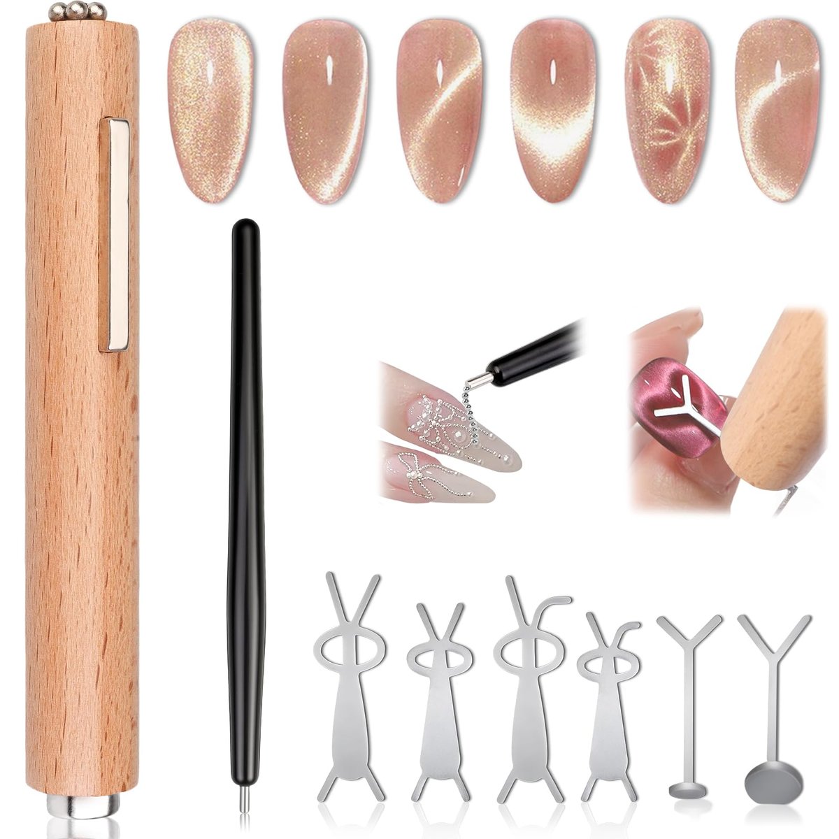 FOWSRHRG 3-in-1 Katzenaugen-Nagelmagnet-Set aus Holz – Magnetstift, Stahlkugelmagnet und Herz-Magnet für Katzenaugen-Nagellack, DIY Nagelkunst für zu Hause